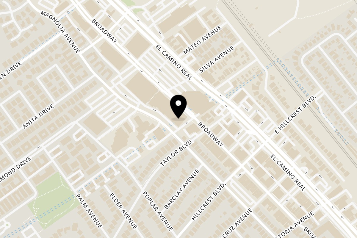 Map showing the location of Bagel Street Cafe on 537 Broadway in Millbrae